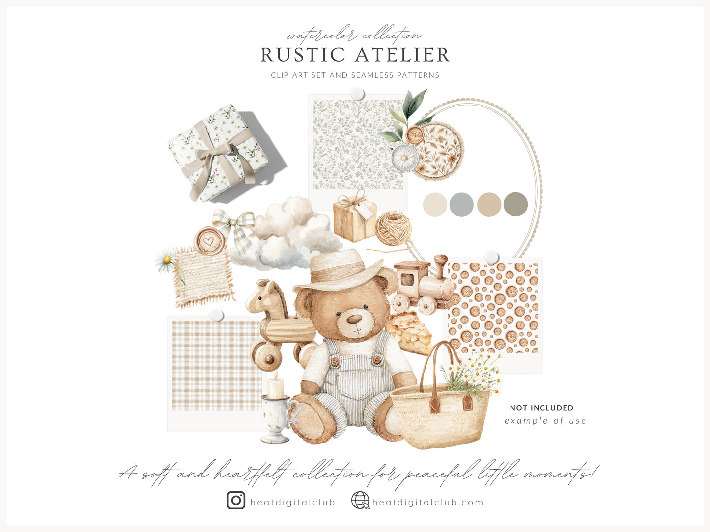 Rustic Atelier - Clipart Set, Cottagecore Plush Toys, French Country Nursery, Neutral Baby | 84 PNG
