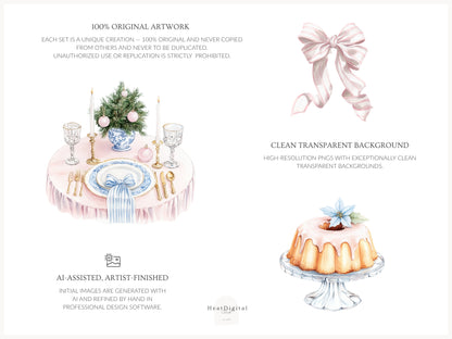 Pastel Noël - Christmas Clipart, Grandmillennial Winter, Pink & Blue Holiday | 60 PNG