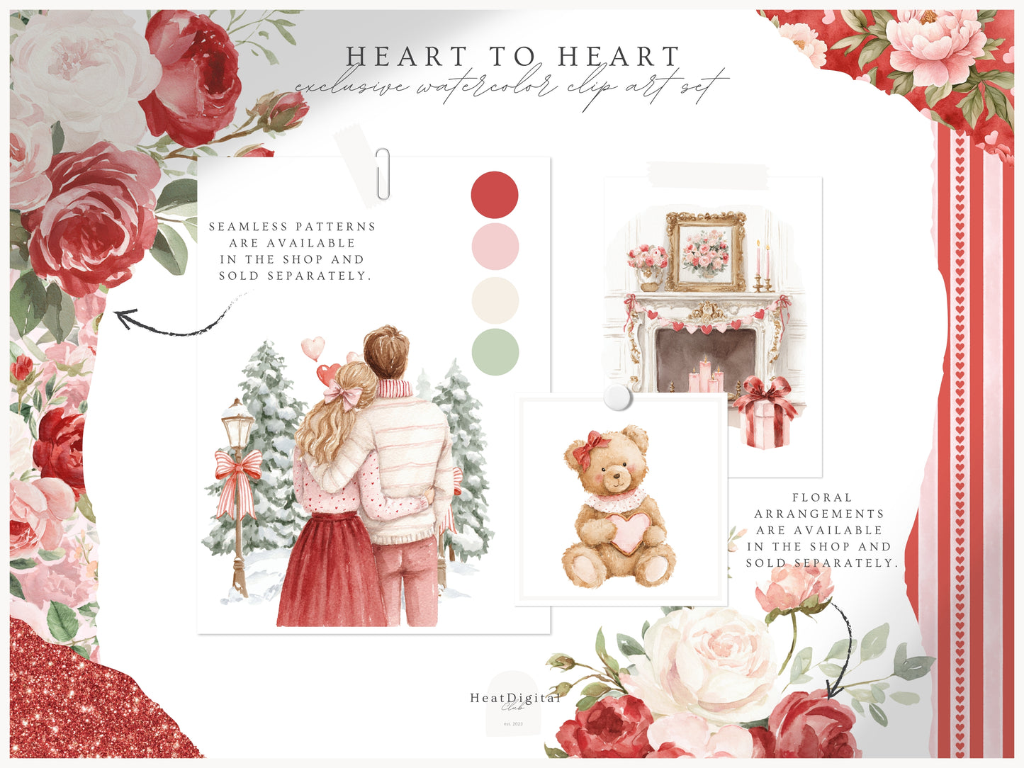 Heart to Heart - Valentine's Day Clipart, Cute Animals, Hearts, Bows, Romantic Love | 70 PNG