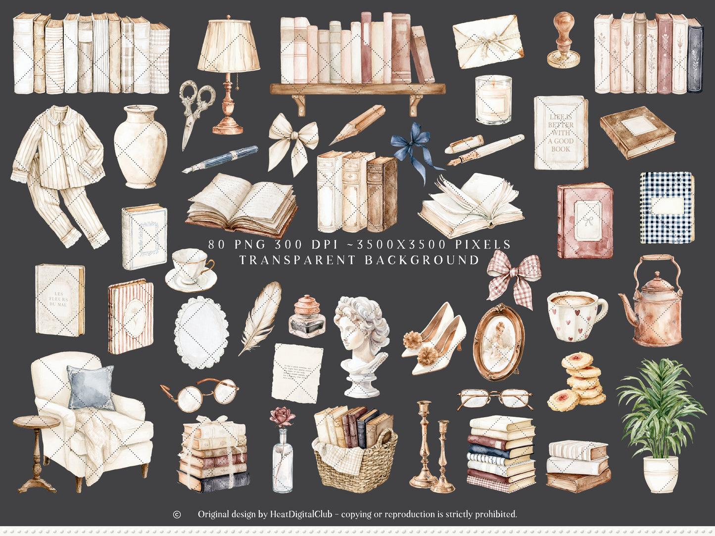 Quiet Chapters - Book Clipart, Vintage Books Aesthetic, Reading Clipart, Cozy Library, French Countryside | 90 PNG/JPEG