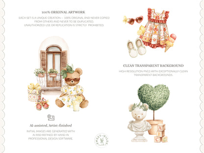 Dolce Classics - Italian Teddy Bear Clipart, Lemon Summer Bears, Cute Nursery, Baby Shower | 60 PNG