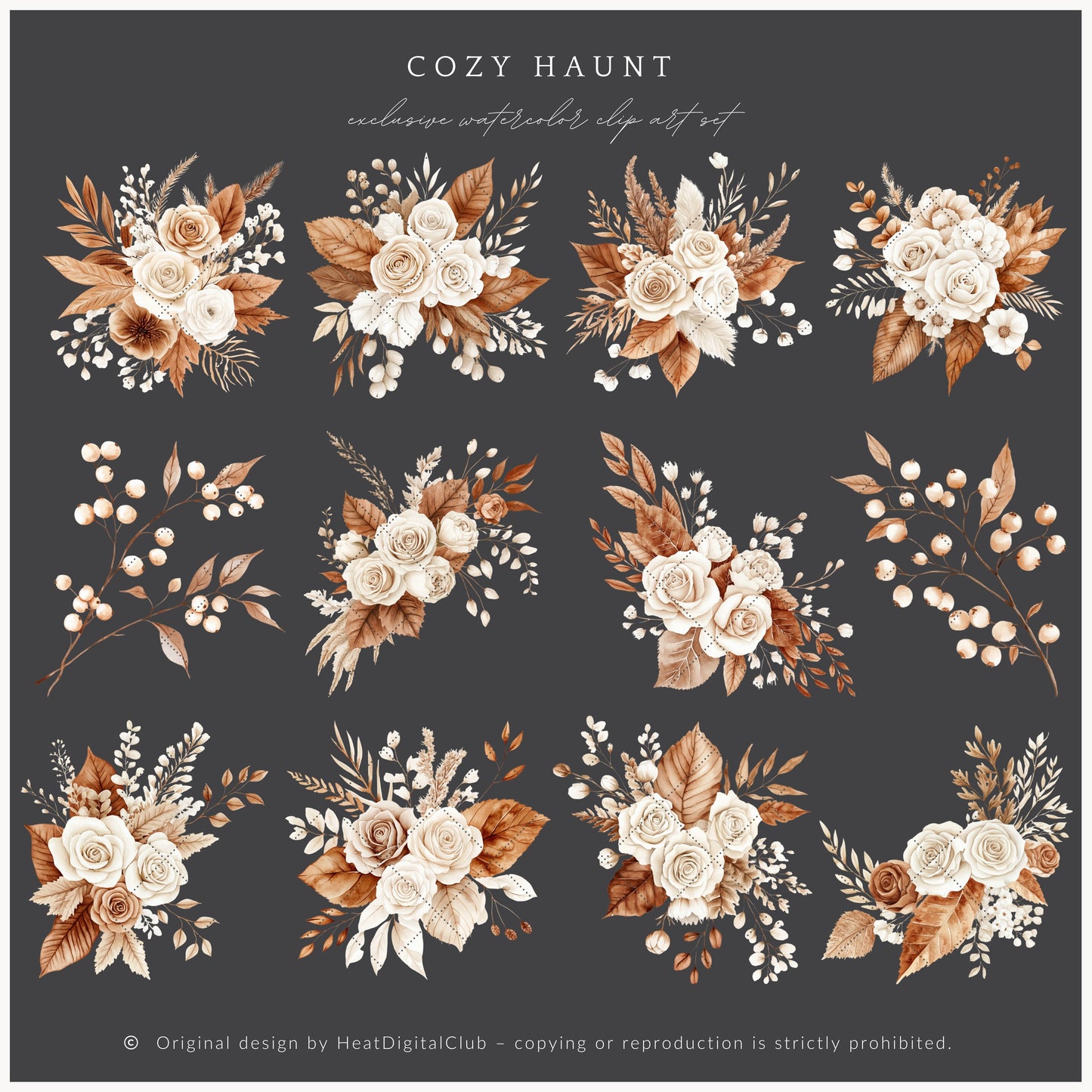 Cozy Haunt - Floral Arrangements Clipart, Fall Halloween Pumpkins | 25 PNG