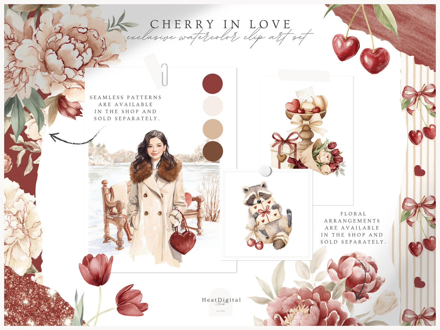Cherry in Love - Valentine's Day Clipart, Cute Animals, Hearts, Cupcakes, Romantic Love | 70 PNG