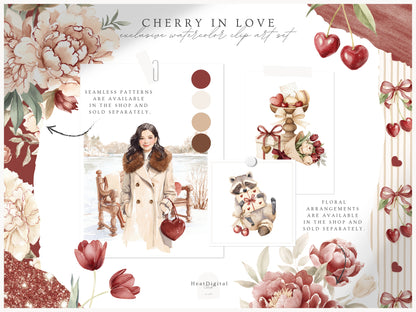 Cherry in Love - Valentine's Day Clipart, Cute Animals, Hearts, Cupcakes, Romantic Love | 70 PNG