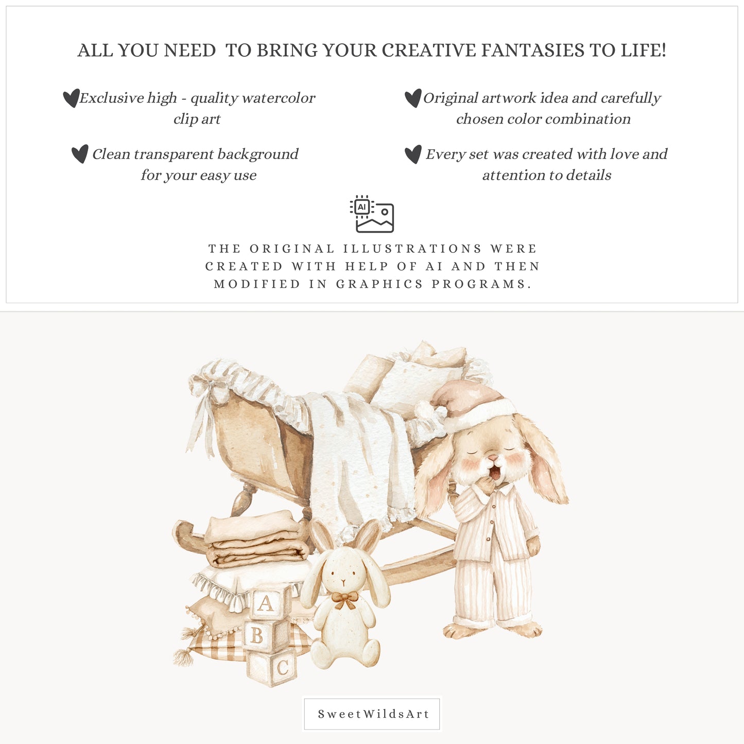 Gentle Meadow - Bunny Clipart, Cute Easter Rabbits, Neutral Cottagecore, Baby Shower, Nursery | 65 PNG