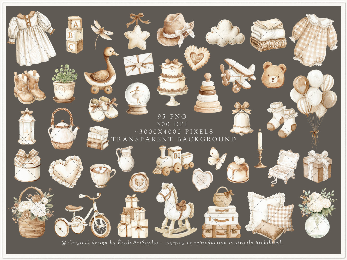 Petite Atelier - Clipart, Heirloom Baby Toys, Vintage Nursery, Neutral Baby Shower, Plush Toys | 105 PNG/JPEG