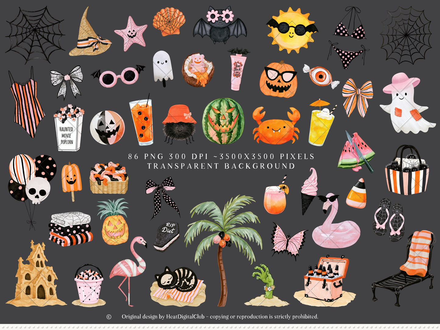 Summerween - Clipart Bundle, Halloween Summer, Spooky Beach Party, Pink Orange Black, Seamless Patterns | 96 PNG/JPEG