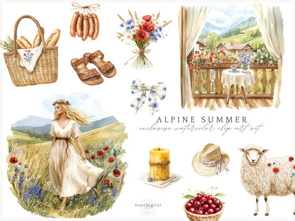 Alpine Summer -  Bavarian Cottage, Summer Clipart, Rustic Countryside | 60 PNG