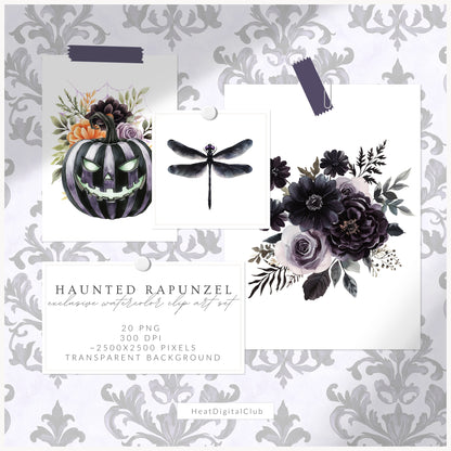 Haunted Rapunzel - Watercolor Floral Arrangements,Gothic Halloween Pumpkins | 20 PNG