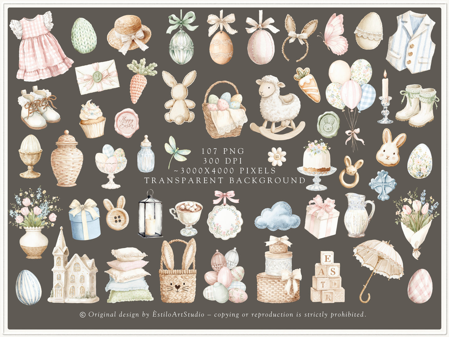 Easter Atelier - Clipart Set, Heirloom Nursery Easter, Plush Bunny Toys, Pastel Eggs | 117 PNG/JPEG