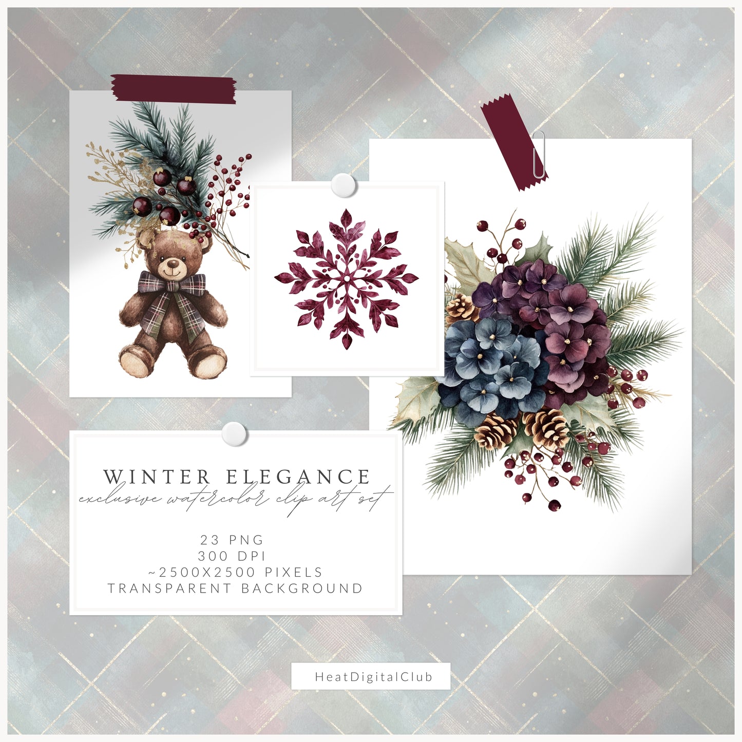 Winter Elegance - Watercolor Floral Arrangements, Christmas Hydrangea | 23 PNG