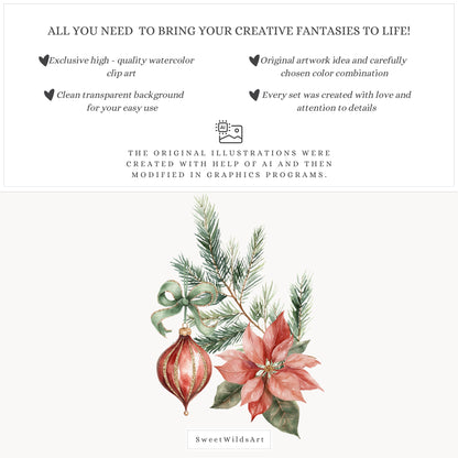 Holiday Classics - Floral Arrangements Clipart, Poinsettia, Evergreen, Christmas | 25 PNG