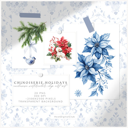 Chinoiserie Holidays - Floral Arrangements Clipart, Poinsettia, Holiday Bouquets | 20 PNG