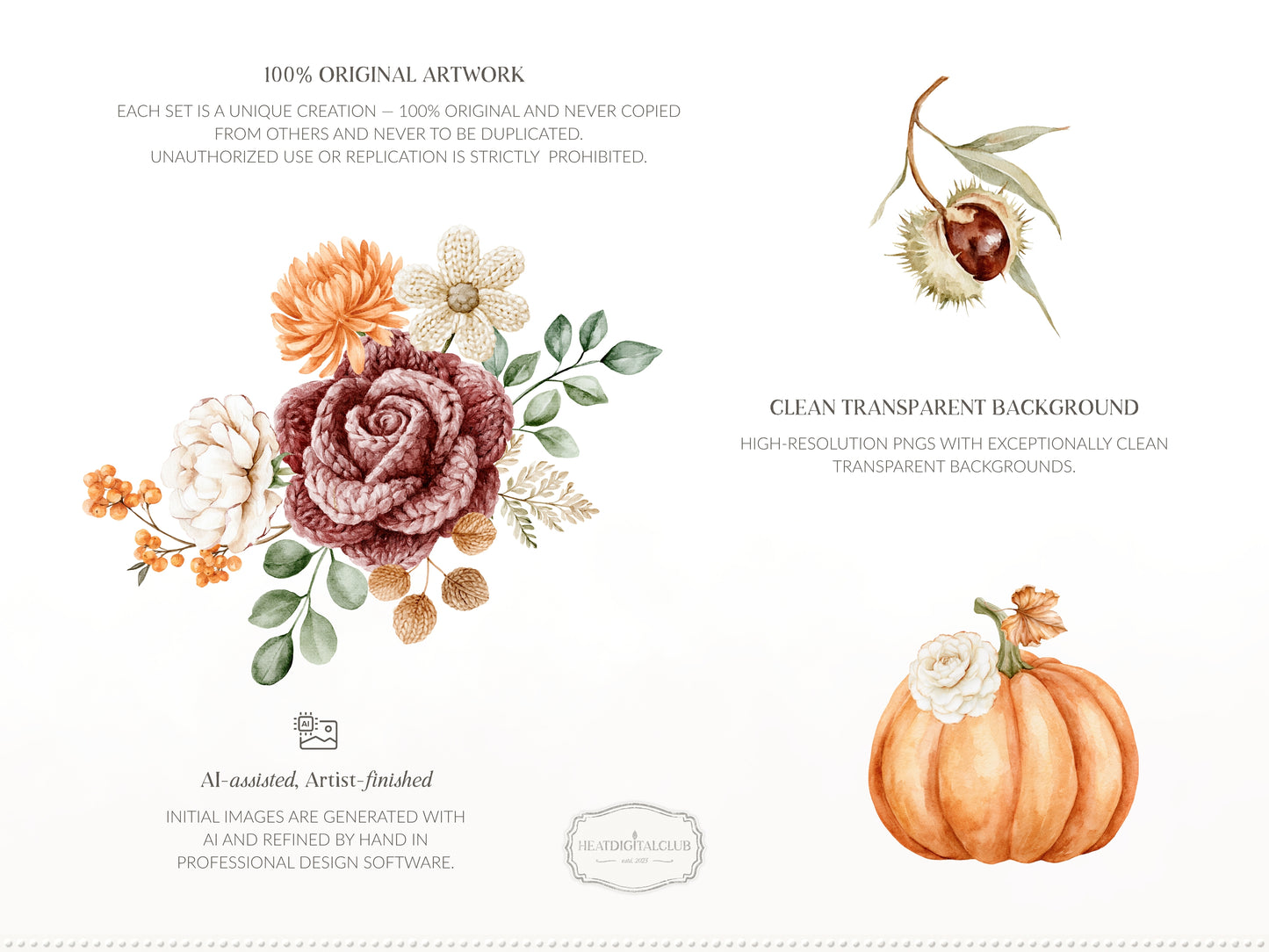 Knitted Fall - Floral Arrangements Clipart, Autumn Flowers, Burgundy Rose, Autumn Botanicals | 40 PNG
