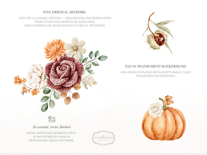 Knitted Fall - Floral Arrangements Clipart, Autumn Flowers, Burgundy Rose, Autumn Botanicals | 40 PNG