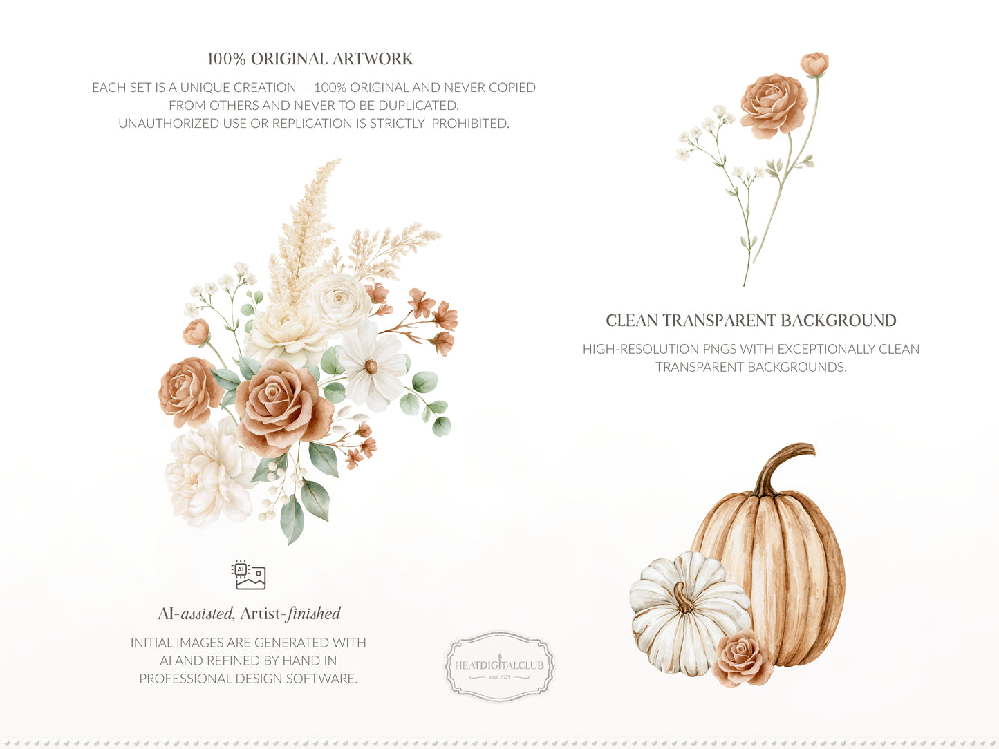 Bohemian Fall -Floral Arrangements Clipart, Autumn Botanical Elements, Cream Rose, Boho Fall Frames | 40 PNG