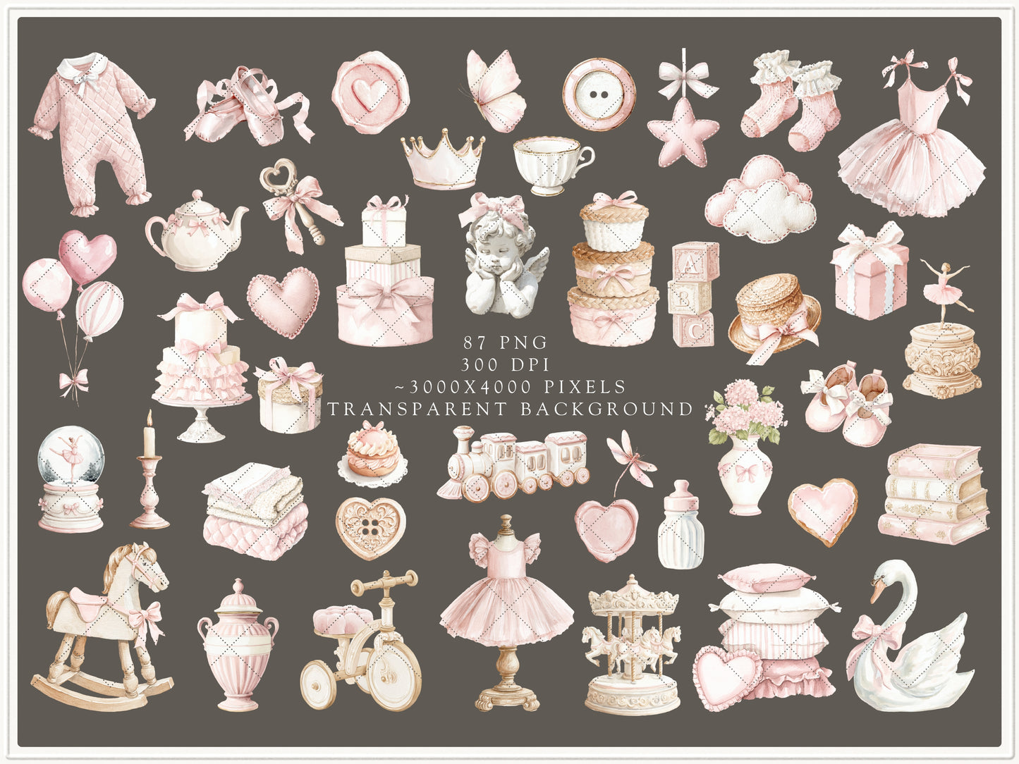 Coquette Atelier - Clipart Set, Soft Pink Baby Girl, Plush Toys, Nursery, Baby Shower | 97 PNG/JPEG