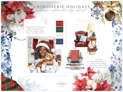 Chinoiserie Holidays - Clipart Set, Christmas, Tartan, Elegant Grandmillennial Winter | 66 PNG