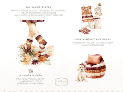 Knitted Fall - Clipart, Cozy Autumn Clipart, Pumpkin Aesthetic, Fall Cottagecore | 60 PNG