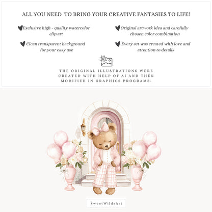 Little Coquettes - Teddy Bear Clipart Set, Pink Nursery, Ballet Bear, Grandmillennial | 60 PNG