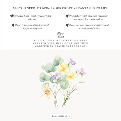 Sweet Easter - Floral Compositions Clipart, Lavender Yellow Blooms, Spring Florals, Cottage | 21 PNG