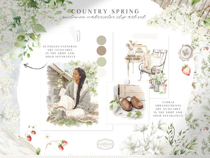 Country Spring - Clipart, Rustic Cottagecore, Strawberry Garden, French Farmhouse | 60 PNG