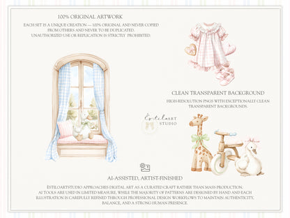 Grand Atelier - Baby Nursery Clipart, Vintage Toys, Teddy Bear, Bunny, Pastel Baby Shower, Grandmillennial | 78 PNG