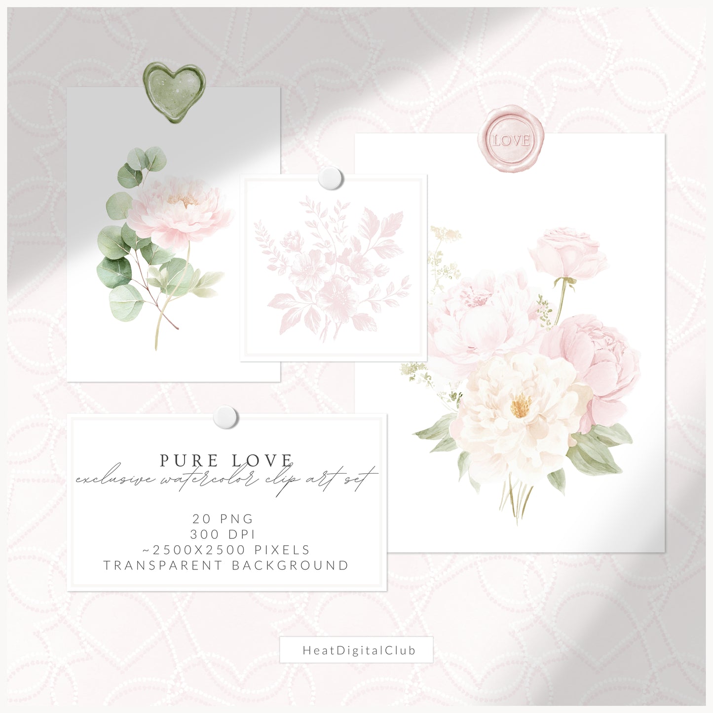 Pure Love - Floral Arrangements, Blush Pink Ivory, Romantic Bouquet, Feminine Peonies | 20 PNG