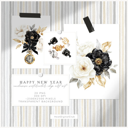 Happy New Year - Floral Arrangements Clipart, Black White Gold, Holiday Bouquet | 20 PNG
