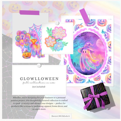 Glowlloween - Neon Seamless Halloween Patterns,Cute Ghost & Pumpkin | 10 JPEG