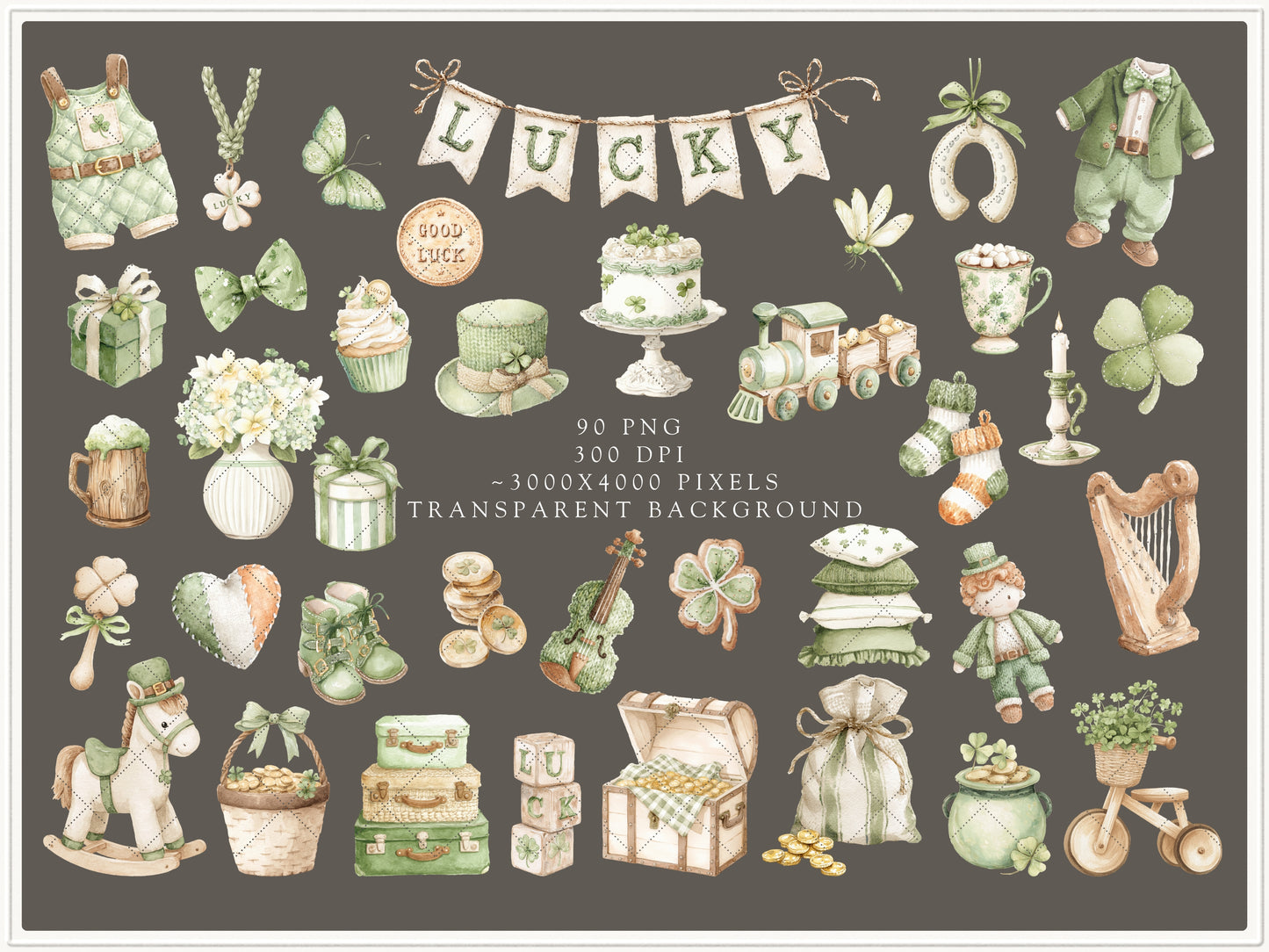 Lucky Atelier - Clipart, St Patrick’s Day Nursery, Irish Baby Toys, Clover, Green Vintage Children | 100 PNG/JPEG