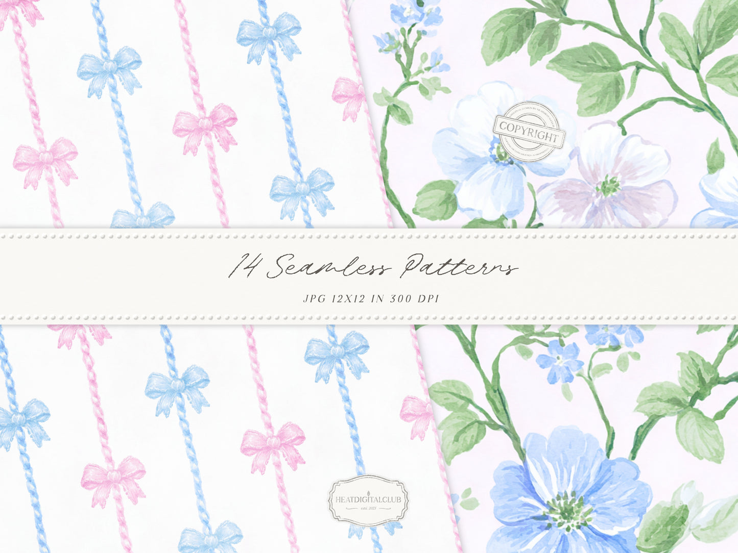 Grandmillennial Set 5 - Seamless Patterns, Pastel Floral, Stripes, Plaid, Pink & Blue Digital Repeating Pattern | 14 JPEG