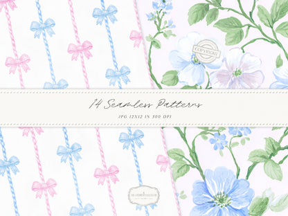 Grandmillennial Set 5 - Seamless Patterns, Pastel Floral, Stripes, Plaid, Pink & Blue Digital Repeating Pattern | 14 JPEG