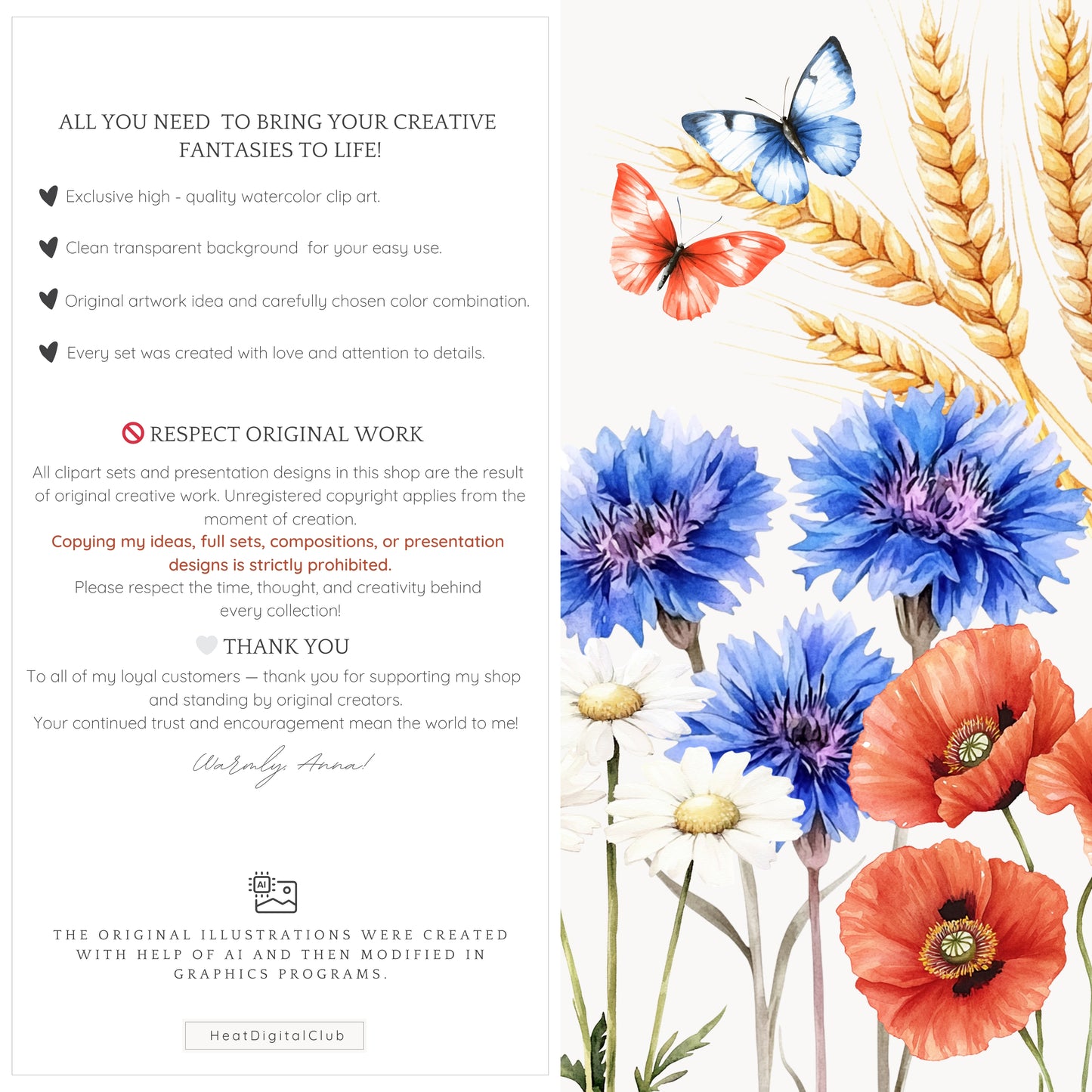 Alpine Summer - Floral Arrangements Clipart, Poppies and Cornflowers | 12 PNG