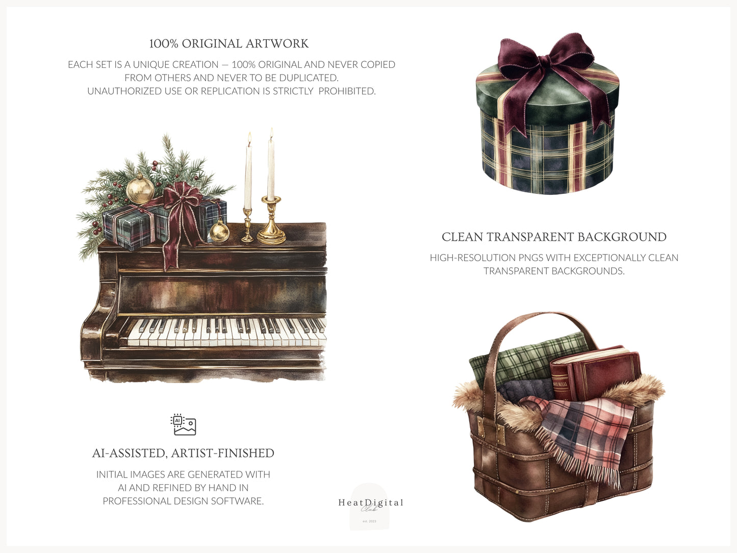 Winter Elegance - Watercolor Clipart, Aristocratic Christmas, Tartan Holiday | 60 PNG