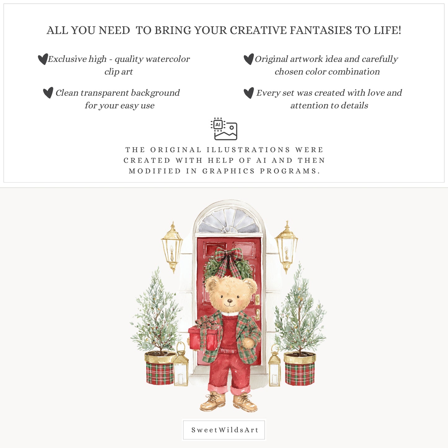Holiday Classics - Christmas Teddy Bears Clipart, Cute Festive Nursery Animals | 70 PNG