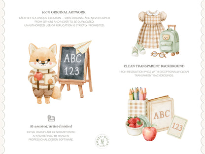 Back To School - Watercolor Clipart Bundle, School Animals, Preschool Toddlers Learning | 60 PNG