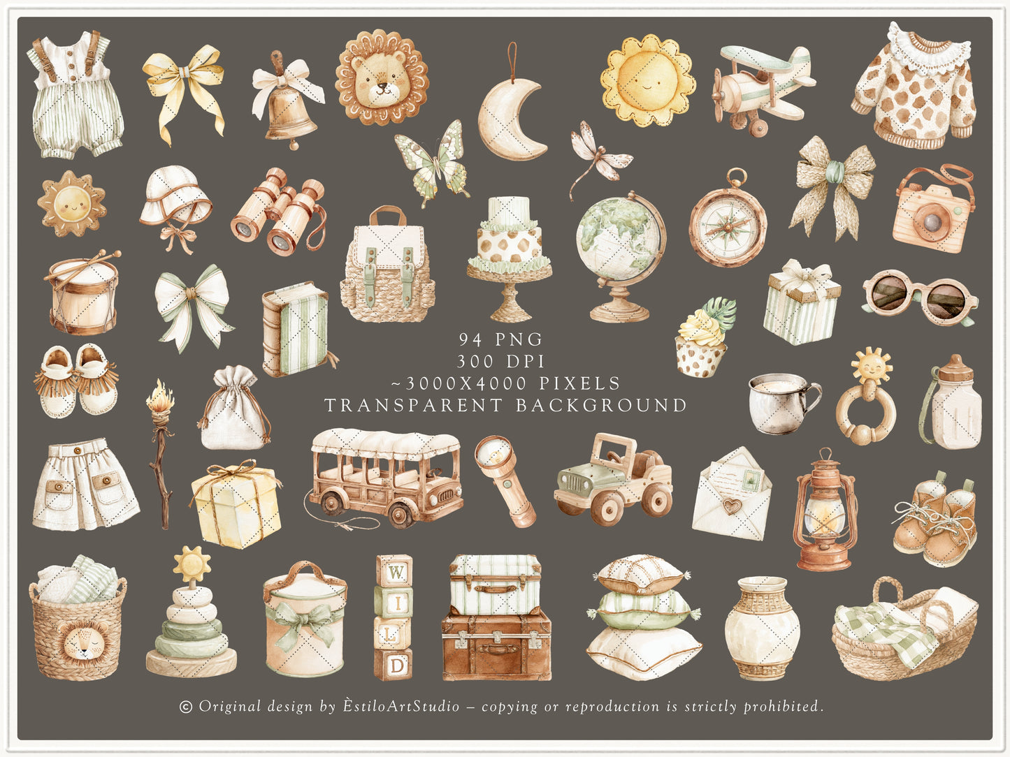 Safari Atelier - Watercolor Safari Clipart, Nursery Safari Animals Clipart, Plush Toys | 108 PNG/JPEG