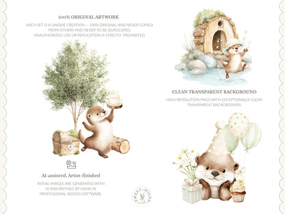River Meadow - Otter Clipart, Cute River Animals, Baby Otter, Woodland Nursery, Spring Summer | 60 PNG