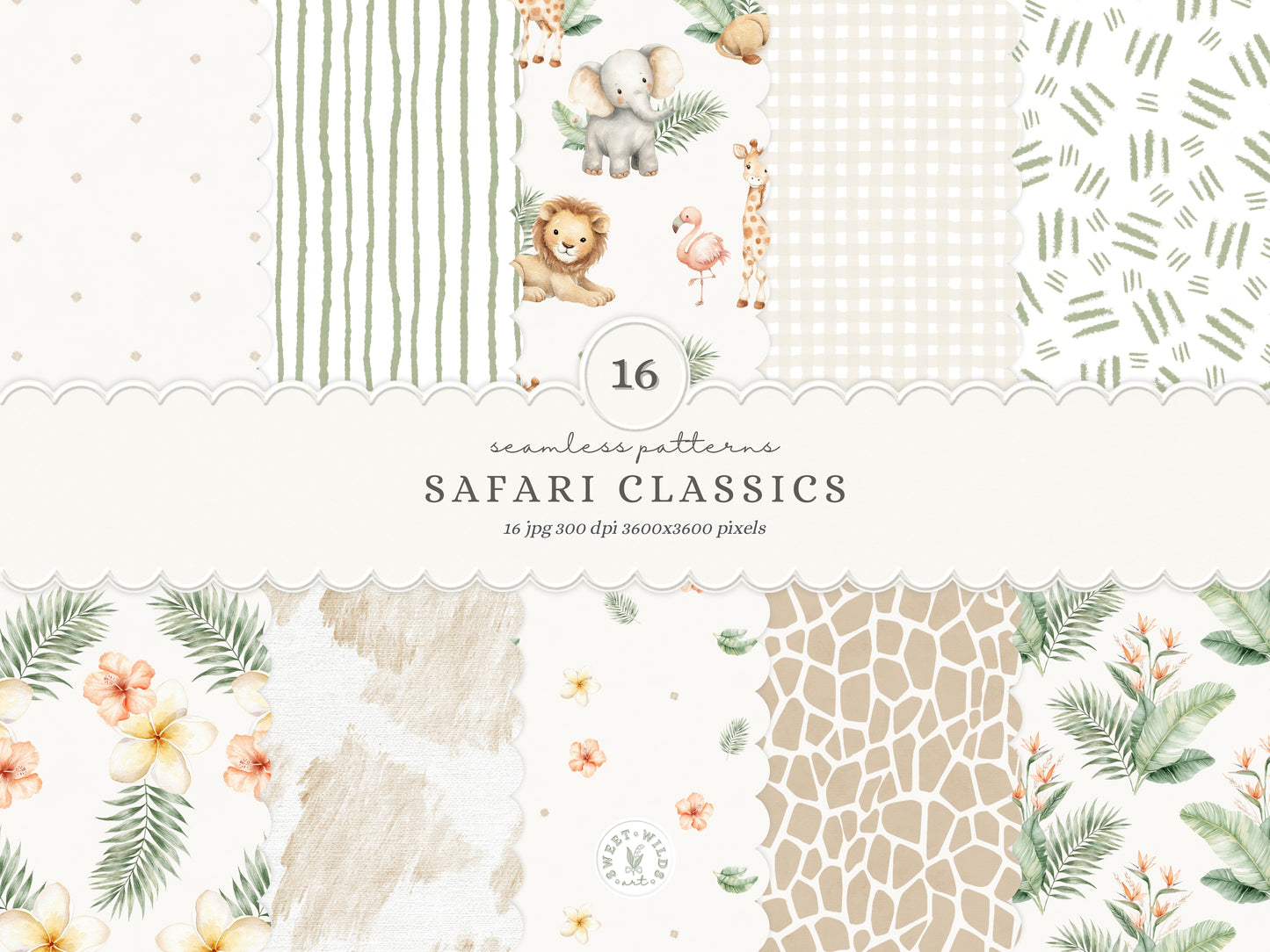 Safari Classics - Seamless Patterns, Animals, Jungle Nursery Digital Paper, Tropical Leaves | 16 JPEG