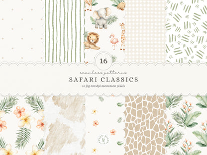 Safari Classics - Seamless Patterns, Animals, Jungle Nursery Digital Paper, Tropical Leaves | 16 JPEG