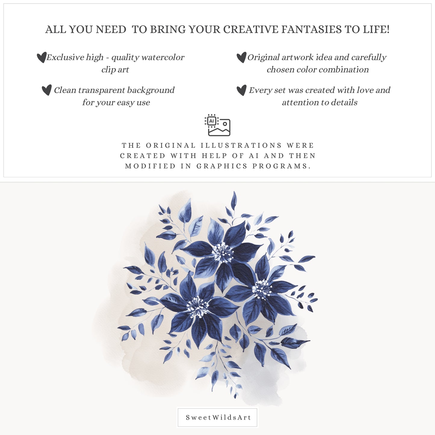 Winter Classics - Floral Arrangements Clipart, Blue Brown Peonies, Snowy Greenery | 30 PNG