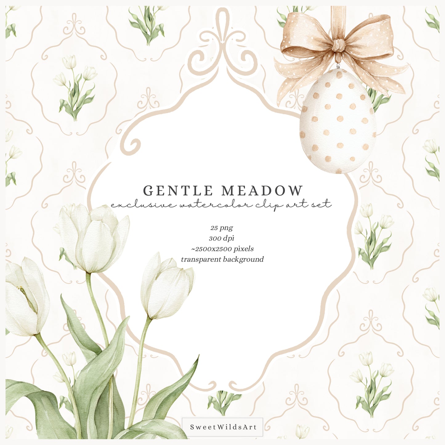 Gentle Meadow - Floral Arrangements Clipart, Spring Tulips Floral, Neutral Cottage Flowers, Easter Bouquet | 25 PNG