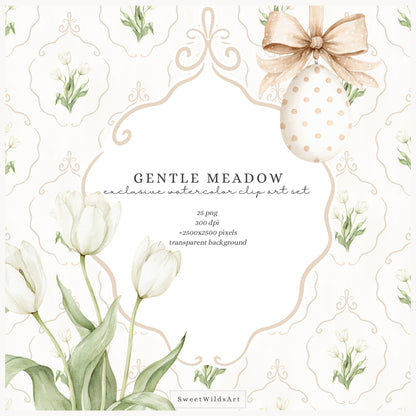 Gentle Meadow - Floral Arrangements Clipart, Spring Tulips Floral, Neutral Cottage Flowers, Easter Bouquet | 25 PNG