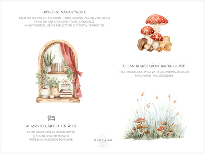 Mushroom Garden - Cottage Clipart, Forest Mushroomcore, Woodland Mushrooms, Cottagecore | 60 PNG