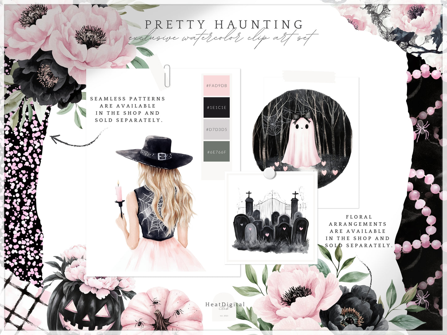 Pretty Haunting - Clipart, Black & Pink Halloween, Cozy Spooky Haunted House| 61 PNG