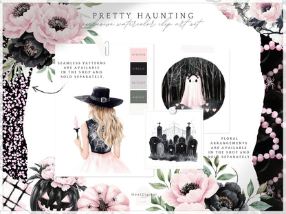 Pretty Haunting - Clipart, Black & Pink Halloween, Cozy Spooky Haunted House| 61 PNG