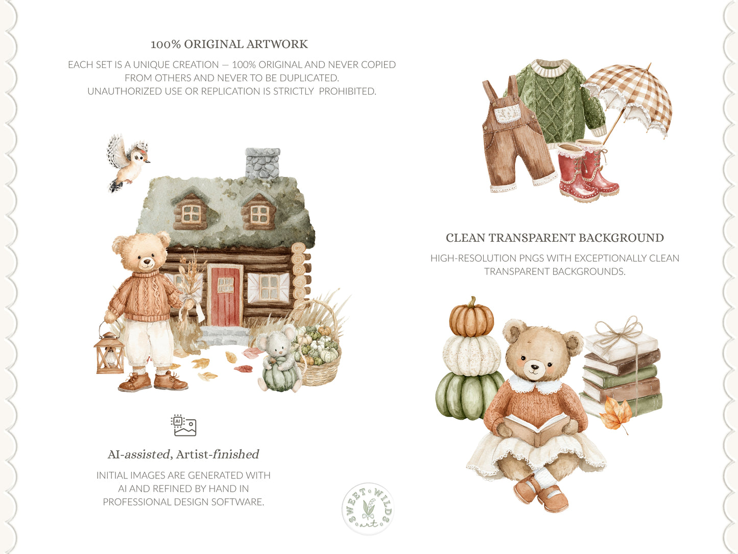 Fall Classics - Teddy Bears Clipart, Autumn Kids Animals, Goose, Fox, Pumpkins, Cozy Nursery | 60 PNG