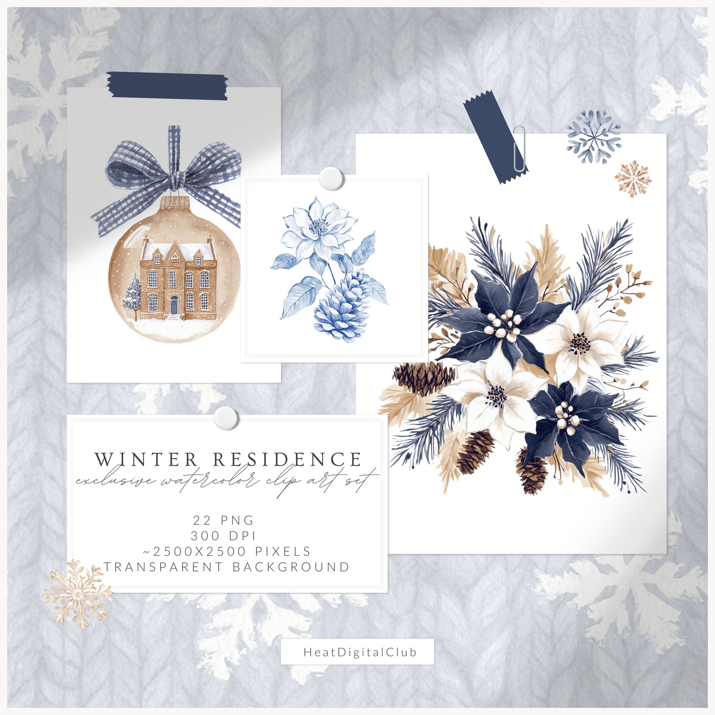 Winter Residence - Watercolor Floral Arrangements, Elegant Christmas Ornaments | 22 PNG