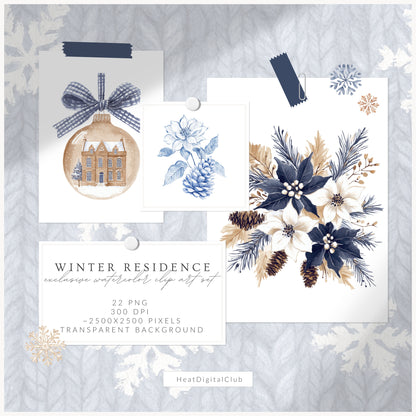 Winter Residence - Watercolor Floral Arrangements, Elegant Christmas Ornaments | 22 PNG